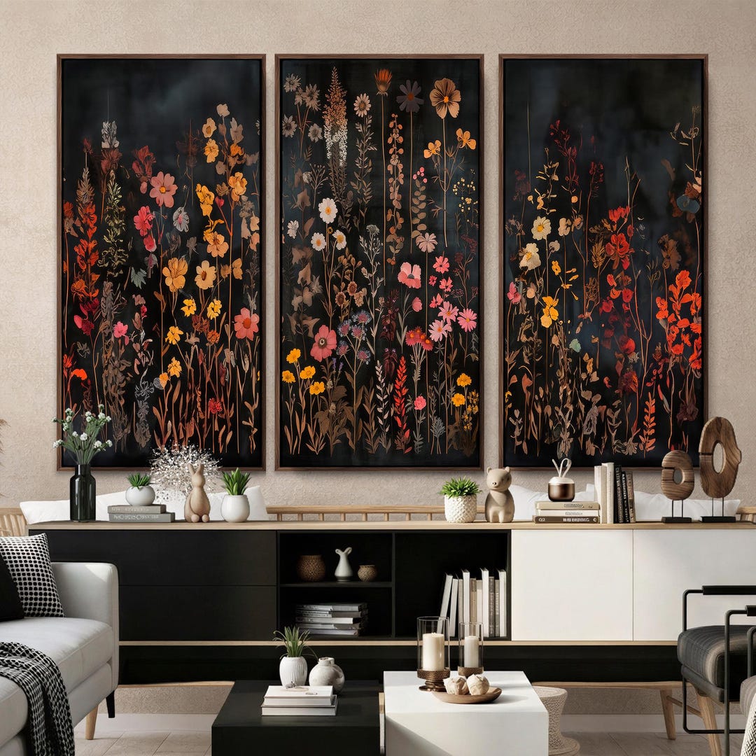 Wildflower Canvas Wall Art 3 Piece Dark Floral Triptych Black ...