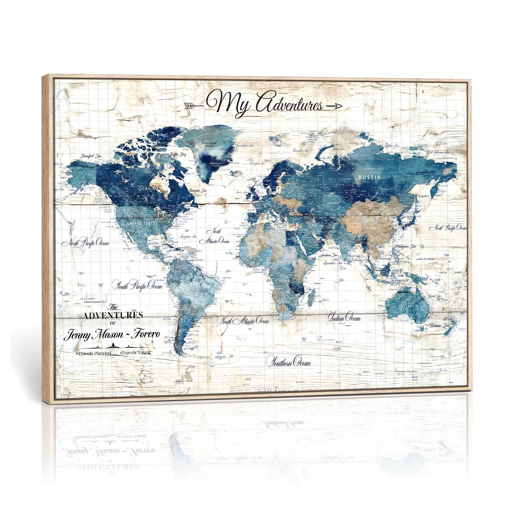 Blue Custom Push Pin World Map Canvas Print, Personalized Travel Map ...