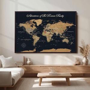 Personalized Vintage Push Pin World Map Canvas Print, Framed Travel Map with Pins, Custom Anniversary Gift, Extra Large Office Wall Art