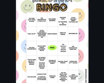 90's Nostalgia Themed Bingo, Growing up in the 90's, Millennial Nostalgia Party Games, Game Night Print Outs, 90's Childhood, DIGITAL FILE