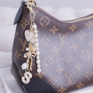 Personalized Pearl Bag Charm, Initial Keychain Accessory, Gold Bow & Heart
