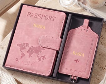 Portapassaporto personalizzato per viaggiatori, set di etichette per bagagli personalizzate, custodia in pelle per passaporto, astuccio per documenti di viaggio