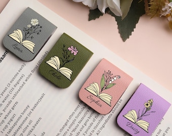 Personelized Leather Bookmark with Birth Flower, Custom Name Magnetic Bookmark, Gift for Reader, Book lovers Gift, Book Accessory
