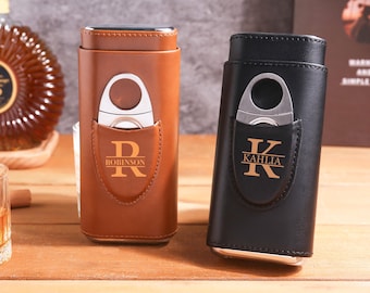 Personalized Leather Cigar Case With Cutter,Cedar Travel Humidor,Cigar Accessories,Groomsmen Gift,Custom Engraved Cigar Holder,Best Man Gift