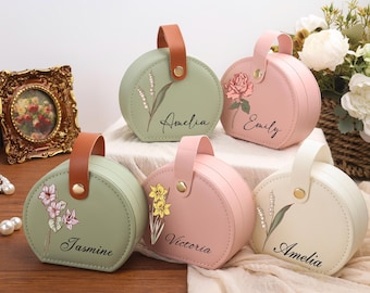 Caja de joyería personalizada, estuche de cuero para joyas de damas de honor de boda, caja para guardar collares, regalo de flores de nacimiento para ella, regalo para la fiesta de bodas, regalo para la madre