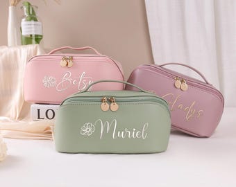 Personalized Leather Embroidered Makeup Bag,Travel Makeup Organizer,Gift for Her,Bridesmaid Gifts,Bridal Shower Gift,Cosmetic Bag for Mom