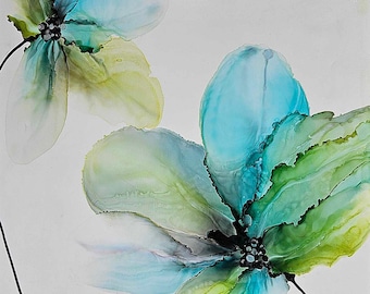 Fleurs à l'encre d'alcool, cadeau pour amateur de plantes pour femme, aquarelle florale, oeuvre d'art de mariage, oeuvre d'art murale florale, cadeau petite amie Japandi
