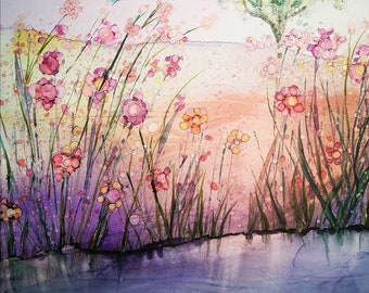 Impression de paysage à l’encre, Japandi, Art à l’encre d’alcool, Giclee de paysage impressionniste, Peinture de nature colorée Art de la nature Décor pastel mural violet