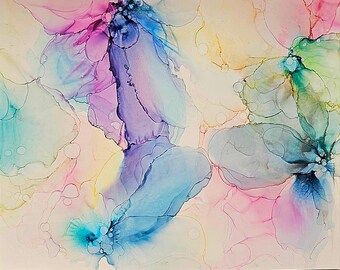 Art floral abstrait, cadeau pour amoureux des plantes, art mural fleurs pastel, oeuvre d'art 11 x 14, décoration murale de mariage, cadeau petite amie, oeuvre d'art à l'encre à alcool
