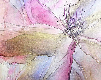 Art mural esthétique rose, peinture de fleurs originale, oeuvre d'art pastel à l'encre d'alcool, art abstrait, oeuvre d'art floral en vrac tendance tendance