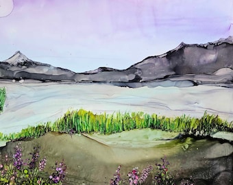 Fantasy Landscape Painting, Wall Art Gift, Alcohol Ink Painting Original Fluid Art Work, Surreal Flow, Dreamy Nature Artwork, Surrealism