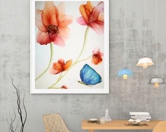 Fleurs à l'encre d'alcool, cadeau pour amateur de plantes pour femme, aquarelle florale, peinture, oeuvre d'art de mariage, art mural décoration d'intérieur, cadeau Japandi pour petite amie