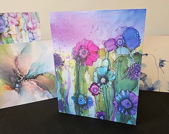 Flower Card, Alcohol Ink All Occasion Note Cards with Envelope, Blank Mix and Match Artistic Floral Wedding Cards Birthday Card