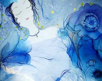 Impression Giclée, Encre Fleurs Œuvres d’art, Art figuratif, Art mural bleu, Décoration murale fleurie, Peinture moderne, Encre Alcool Contemporain, Œuvre d’art