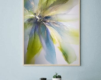 Décor de fleurs d’encre, art floral Japandi, œuvre d’art contemporain, œuvre d’art à l’encre d’alcool, amoureux des plantes, prêt à accrocher art mural vert botanique moderne
