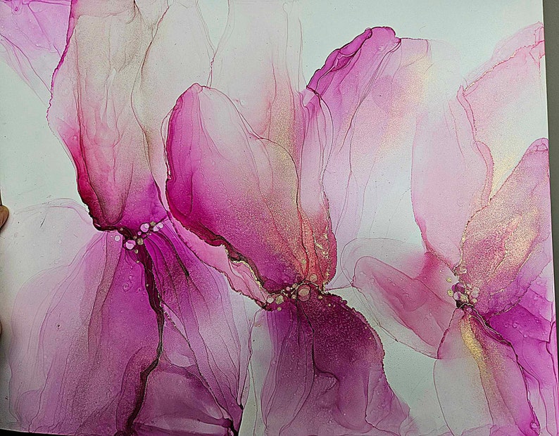 Abstract Flower Painting, Pink Wall Art, Ink Floral, 11 x 14 Art Work, Wedding Gift, Abstract Wall Decor, Girlfriend Gift, Alcohol Ink Art image 3