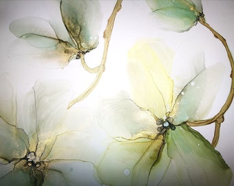 Oeuvre d'art de fleurs à l'encre, décoration murale de fleurs pour la maison, peinture d'art pour amoureux des plantes, encre à alcool, art contemporain, impression botanique verte, oeuvre d'art bohème
