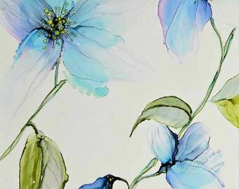 Aquarelle, oeuvre d'art florale, oeuvre d'art à l'encre d'alcool, botanique moderne, peinture originale bleue, décoration murale florale, oeuvre d'art, vigne du jardin, fluide
