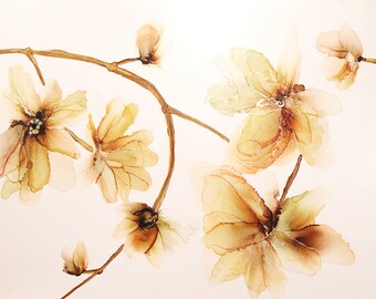 Art mural fleurs neutres pour elle, oeuvre d'art florale, peinture fluide, décoration murale à l'encre d'alcool, oeuvre d'art botanique, ambiance bohème, tendance, 11 x 14