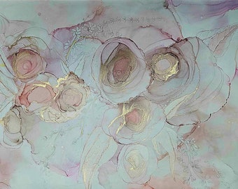 art à l'encre d'alcool, peinture de fleurs abstraite, art mural doux, décoration, oeuvre d'art floral, rose, oeuvre d'art pastel, floral en vrac doré, botanique