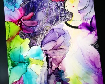 Oeuvre d'art fleurs à l'encre, art mural coloré, décoration murale florale, art moderne coloré, art contemporain à l'encre d'alcool, art figuratif, oeuvre d'art bohème