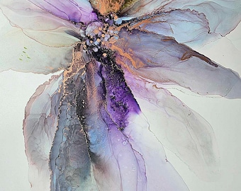 Peinture de grande fleur, oeuvre d'art en flux, encre à l'alcool originale, art mural abstrait violet, oeuvre d'art tendance, fleurs en vrac, décoration tendance colorée