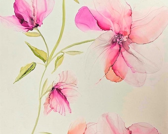 Art mural botanique moderne, aquarelle de fleurs, fleurs à l'encre du Japon, décoration murale florale, encre à l'alcool, oeuvre d'art, cadeau artistique pour elle