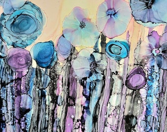 Art mural coloré, peinture florale abstraite, oeuvre d'art à l'encre d'alcool, oeuvre d'art florale, oeuvre d'art florale décoration murale bleue Art féminin pour elle