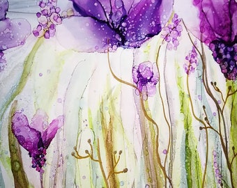 Oeuvre d'art floral, peinture pour amoureux des plantes, décoration murale pour elle, oeuvre d'art colorée à l'encre d'alcool, art contemporain, fleurs botaniques modernes