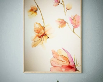Japandi Ink Flowers, Modern Botanical Wall Art, Watercolor Flower Painting, Floral Wall Decor Alcohol Ink, Fine Artwork, Art Gift For Her