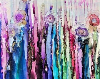 Tableau coloré, oeuvre d'art aux tons de bijou, peinture florale abstraite, oeuvre d'art à l'encre d'alcool, oeuvre d'art florale, oeuvre d'art florale, décoration murale bleue