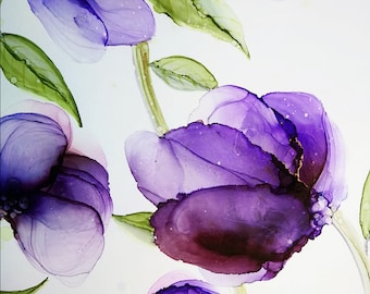 Alcohol Ink Art Work, Watercolor Flowers, Floral Wall Art, Garden Wall Decor, Purple Flower Art, Girlfriend Gift, Trending Art, Contemporary