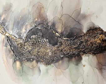 Art texturé, peinture originale à l'encre d'alcool sur toile, art mural abstrait noir, oeuvre d'art fluide dorée, décoration murale tendance 26 x 20 pouces