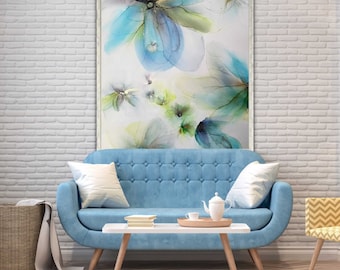 Peinture florale originale sur planche de bois, art mural fleur abstraite bleue, oeuvre d'art métallique à l'encre d'alcool, oeuvre d'art fluide 20 x 24, flux d'art tendance