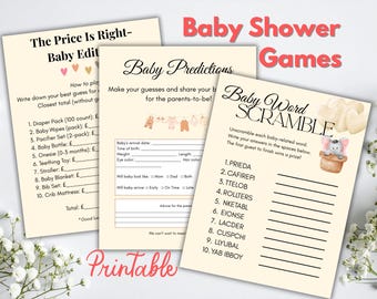 Baby Shower Games Bundle | 3 Printable Baby Shower Activities | Baby Predictions, Price Is Right, Baby Word Scramble | 4x6' Instant Download