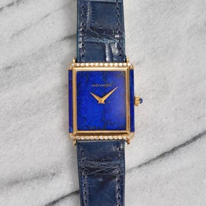 Vintage Movado Blue Lapis Tank 18K Yellow Gold 1970s Manual Wind Diamond Bezel