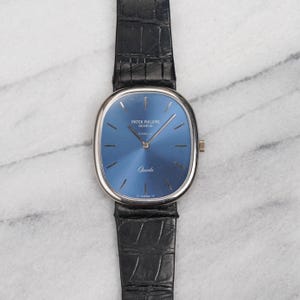Vintage Patek Philippe Ellipse Gubelin Stamp 18K White Gold Quartz Blue Dial Jumbo
