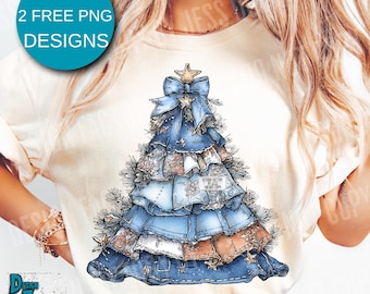 Denim Coquette Christmas Tree Png, Denim Plaid Cottagecore Christmas Tree Png Retro Western Christmas PNG Vintage Rustic Patchwork Shirt Png