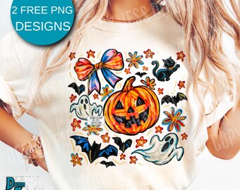 Preppy Halloween Pumpkin Ghost PNG, Coquette Halloween Bow png Fall Bat Cat PNG, Girly Spooky Pumpkin Sublimation Cute Halloween Shirt PNG