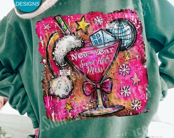 Lustiges neues Jahr 2026 Png, Trendy Weihnachtsmütze Coquette Martini Cocktail Silvester Png, Preppy Pink Faux Glitter Retro Sublimation Design