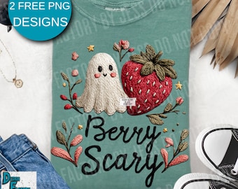 Faux Embroidery Cute Ghost Strawberry Halloween Png, Berry Scary Trendy Halloween Cute Ghost Halloween Spooky Season Cottagecore Ghost PNG