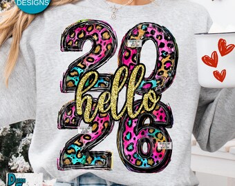 Happy New Year 2026 Png, Trendy New Years Eve Png, Preppy Pink Hello 2026 Faux Glitter Retro New Years Sublimation Digital Design, Original