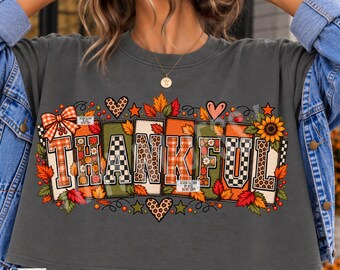 Thankful Fall PNG, Thanksgiving Shirt Design, Retro Patchwork PNG, Rustic Autumn Sublimation, Trendy Plaid Leopard Checker Digital Download
