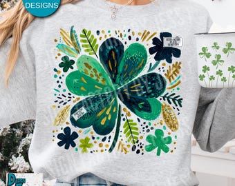 Boho Shamrock PNG, Hand Painted St Patrick’s Day Clover Sublimination Design, 4 Leaf Clover Irish Botanical Design, Green Lucky Shirt png