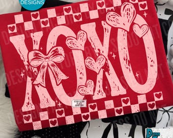 XOXO Distressed Checkered Valentines Png, Retro Hugs Kisses Hearts Vday Sublimation Design, Coquette Bow Valentine Digital Design, ORIGINAL