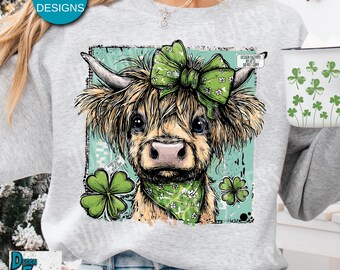 Highland Cow St Patrick's Day PNG, Retro Coquette St Paddy's Day Sublimination Design, Trendy Grunge Shamrock Irish Cow Clover Digital Art