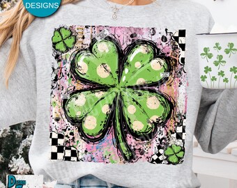 Preppy Clover St Patrick’s Day Png, Grunge Checkered Irish Shamrock Digital Design, Trendy St Paddy PNG Download, Lucky Clover Sublimination