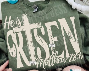 He Is Risen Easter PNG, Bible Verse Matthew 28:6 Digital Download, Christian Religious Easter Sublimination Design, Jesus Cross Shirt Png,