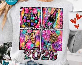 May include: A light gray sweatshirt featuring a colorful graphic design for the New Year. The design includes a disco ball, champagne bottle, champagne glasses, fireworks, and the text "Happy New Year 2026".