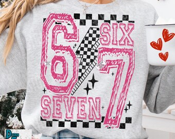 Trendy Six Seven 6 7 Meme viral PNG, GenZ Social Media design, Retro Youth Humor Shirt PNG, Checkered Digital Download Sublimation Original